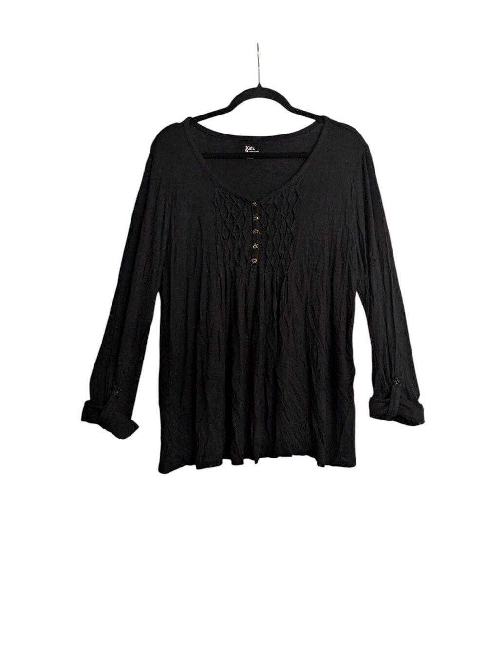 Kim Rogers L Black Button Front Tunic Blouse Long Sleeve